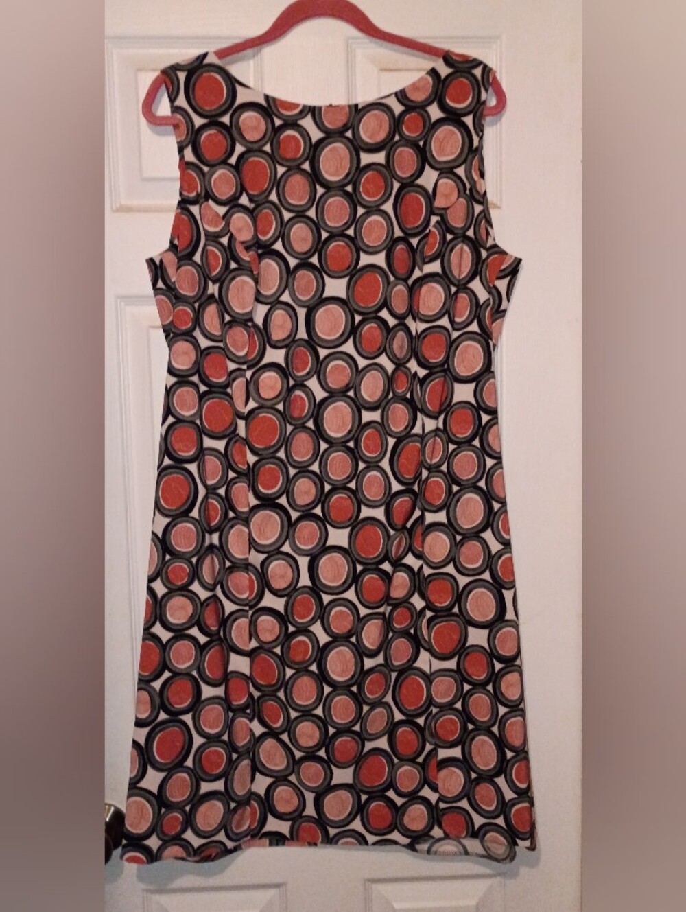Dressbarn Sleeveless Circle-Print A-Line Dress in Coral, Cream & Black